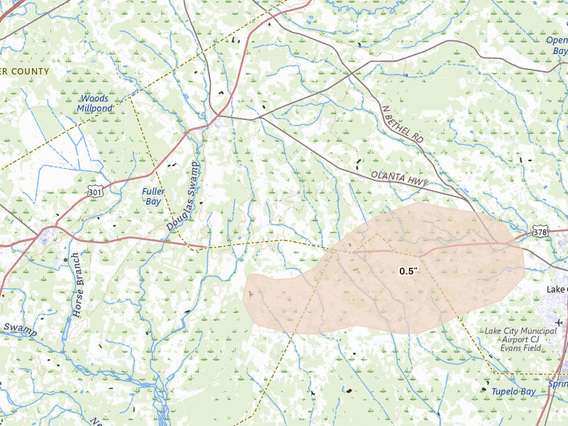 Radar-estimated hail-size map of the storm over Lake City, SC on Aug 23, 2026