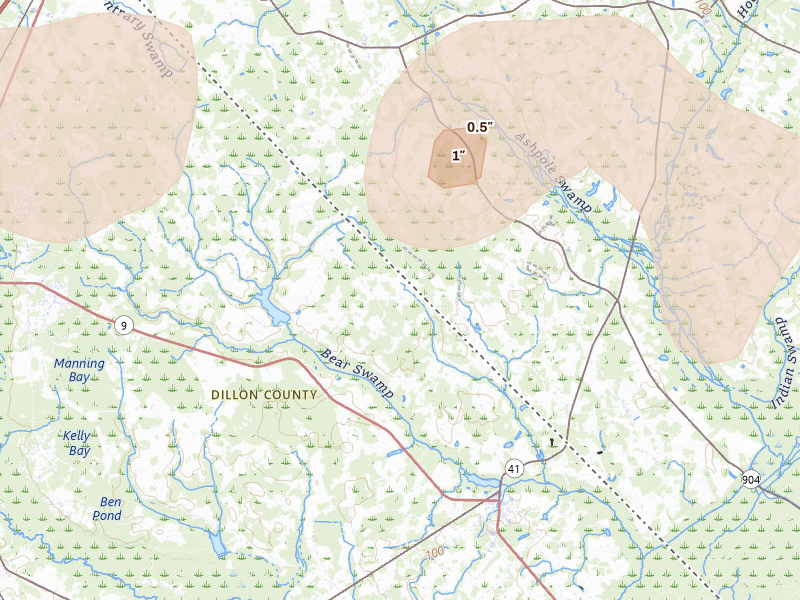 Radar-estimated hail-size map of the storm over Lake View, SC on Aug 21, 2026