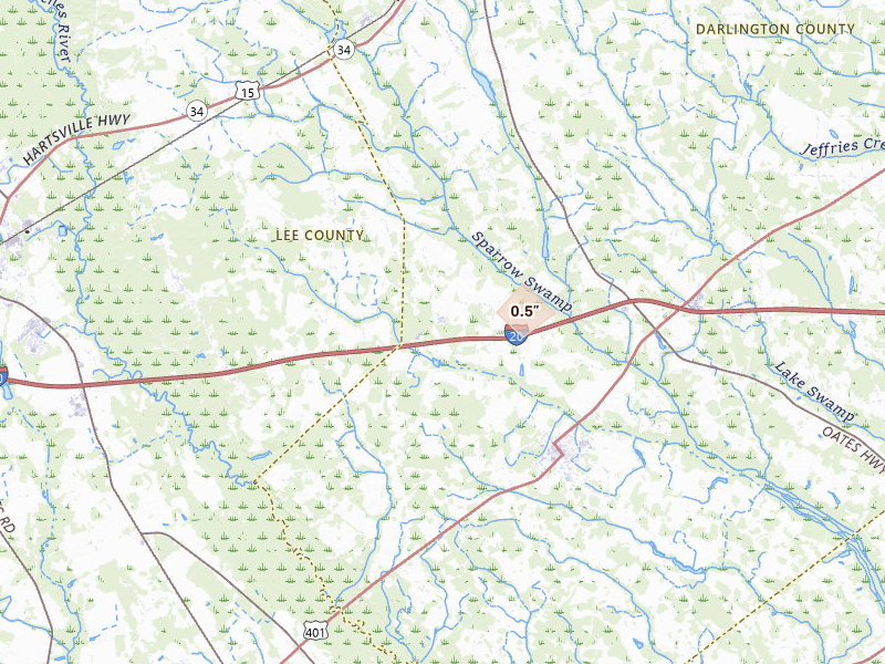 Radar-estimated hail-size map of the storm over Lamar, SC on Jun 26, 2026