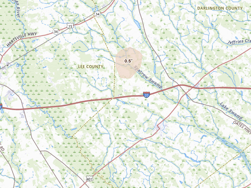 Radar-estimated hail-size map of the storm over Lamar, SC on Aug 20, 2026