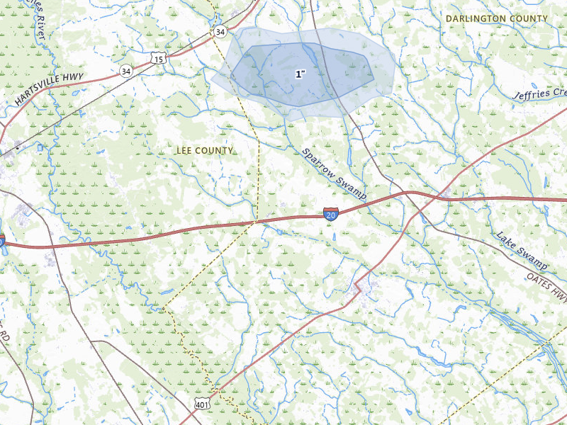 NEXRAD radar-signature map of the hail storm over Lamar, SC on Aug 20, 2026