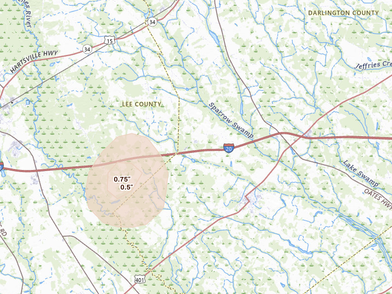 Radar-estimated hail-size map of the storm over Lamar, SC