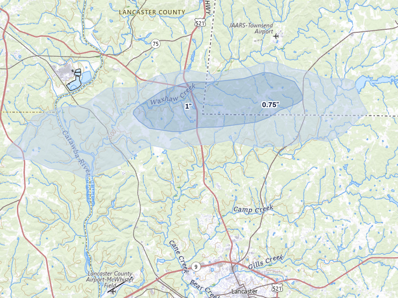 NEXRAD radar-signature map of the hail storm over Lancaster, SC on Mar 7, 2026