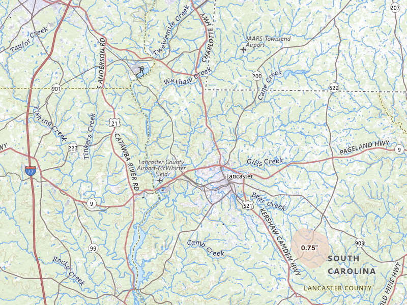 Radar-estimated hail-size map of the storm over Lancaster, SC on Jul 10, 2026