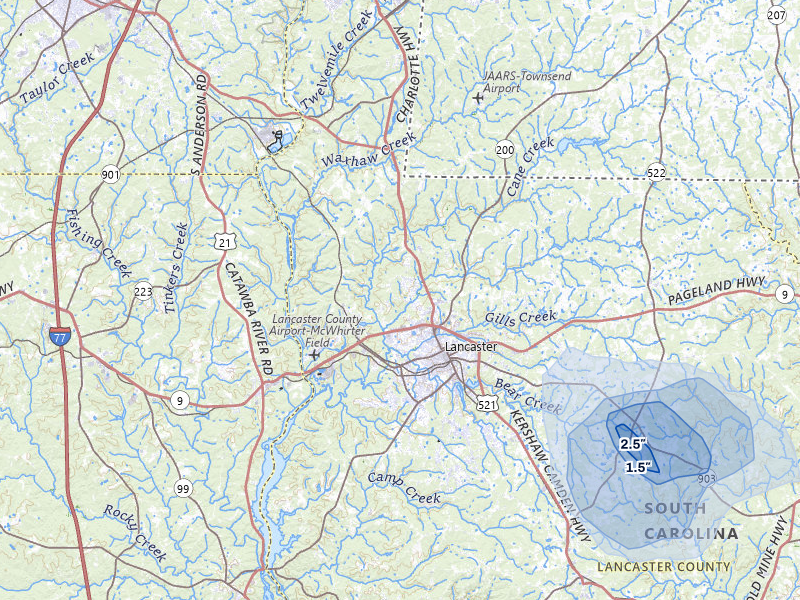 NEXRAD radar-signature map of the hail storm over Lancaster, SC on Jul 10, 2026