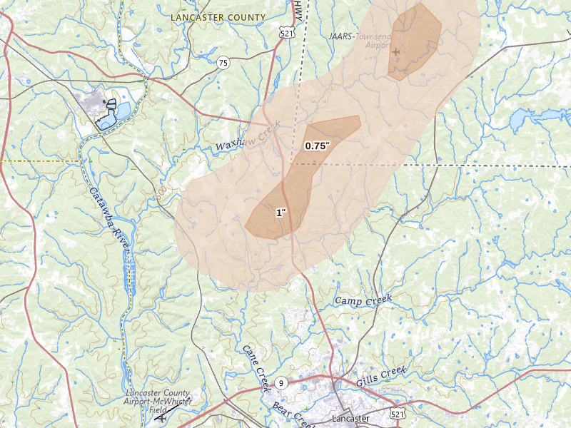 Radar-estimated hail-size map of the storm over Lancaster, SC on Jul 12, 2026