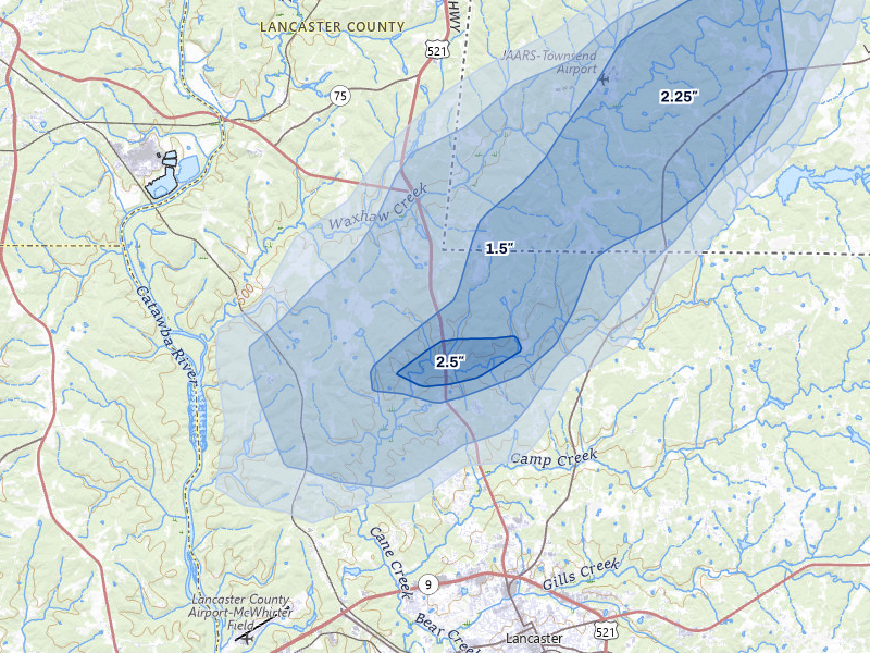 NEXRAD radar-signature map of the hail storm over Lancaster, SC on Jul 12, 2026