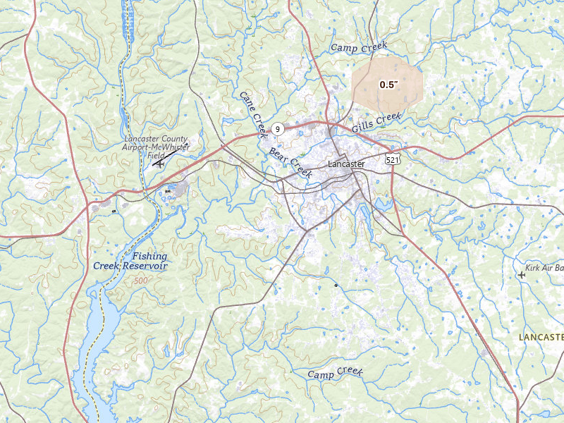 Radar-estimated hail-size map of the storm over Lancaster, SC on Aug 21, 2026