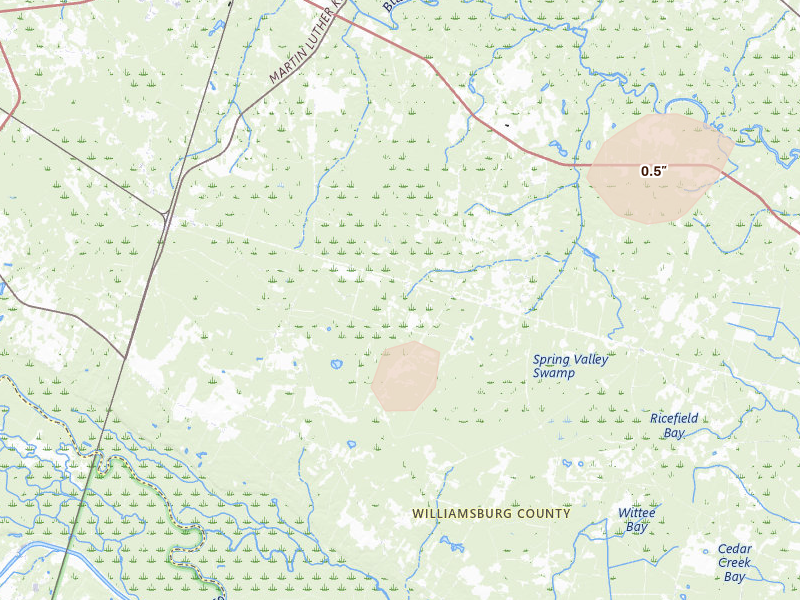 Radar-estimated hail-size map of the storm over Lane, SC on Jun 26, 2026