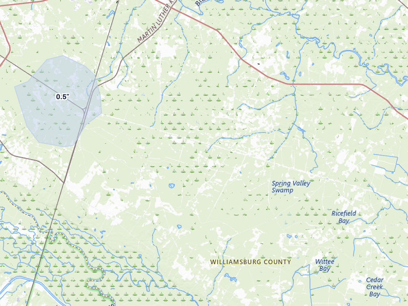 NEXRAD radar-signature map of the hail storm over Lane, SC on Jul 6, 2026