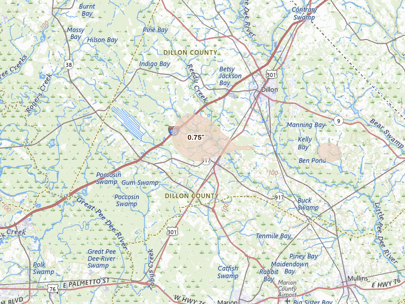Radar-estimated hail-size map of the storm over Latta, SC on Jul 11, 2026