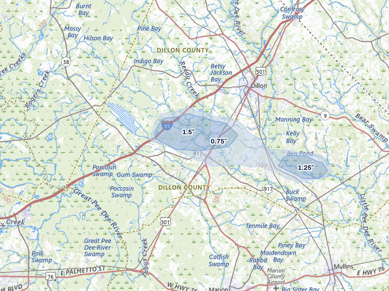 NEXRAD radar-signature map of the hail storm over Latta, SC on Jul 11, 2026