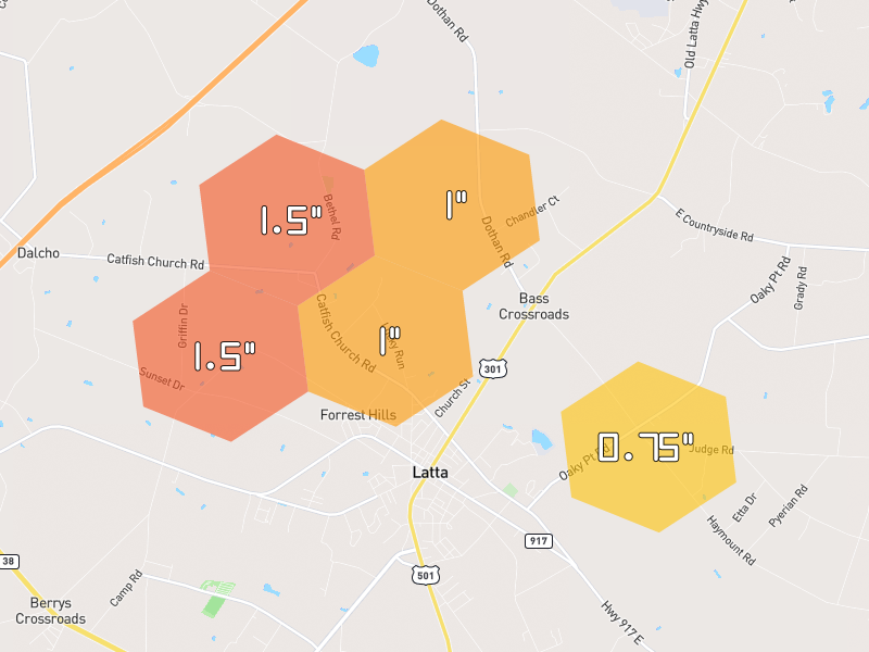 Hail map of Latta, SC on Jul 11, 2026, hail up to 1.5"
