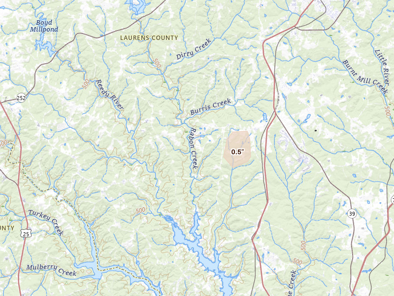 Radar-estimated hail-size map of the storm over Laurens, SC on Jun 29, 2026
