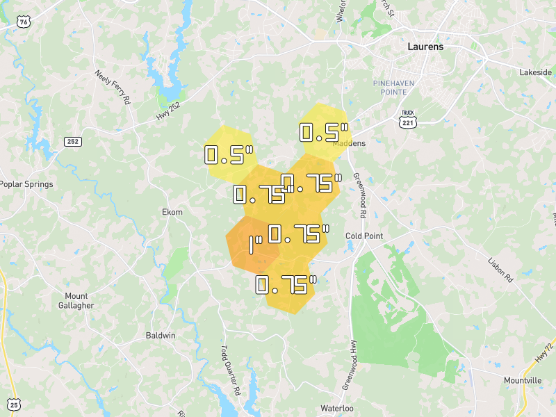 Hail map of Laurens, SC on Jun 29, 2026, hail up to 1"