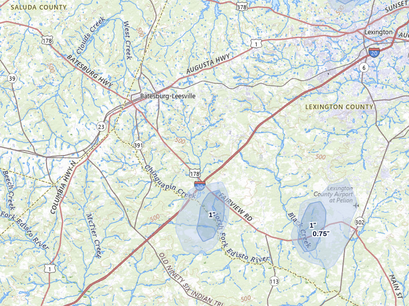 NEXRAD radar-signature map of the hail storm over Leesville, SC on Jul 6, 2026