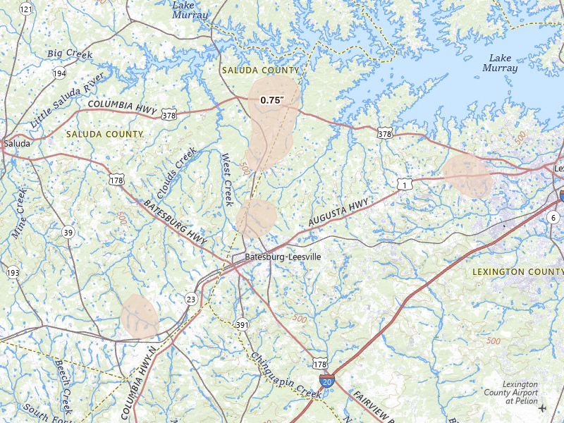 Radar-estimated hail-size map of the storm over Leesville, SC on Aug 21, 2026