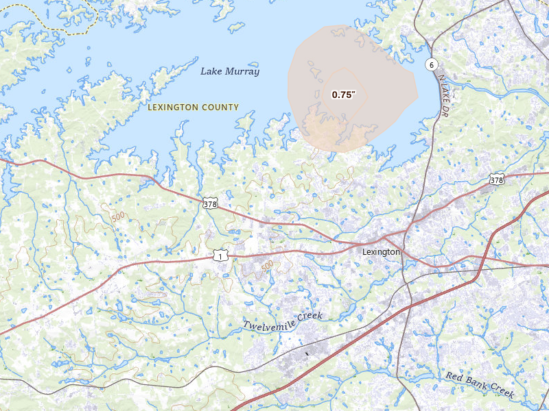 Radar-estimated hail-size map of the storm over Lexington, SC on Jul 6, 2026