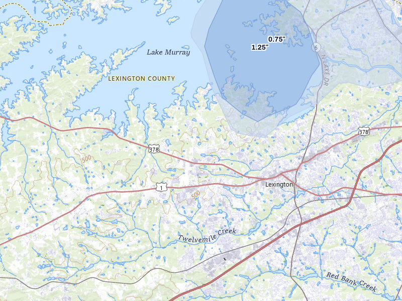 NEXRAD radar-signature map of the hail over Lexington, SC