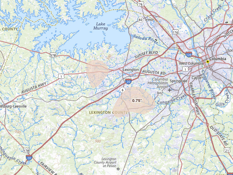 Radar-estimated hail-size map of the storm over Lexington, SC on Aug 6, 2026