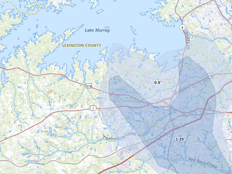 NEXRAD radar-signature map of the hail storm over Lexington, SC on Aug 6, 2026