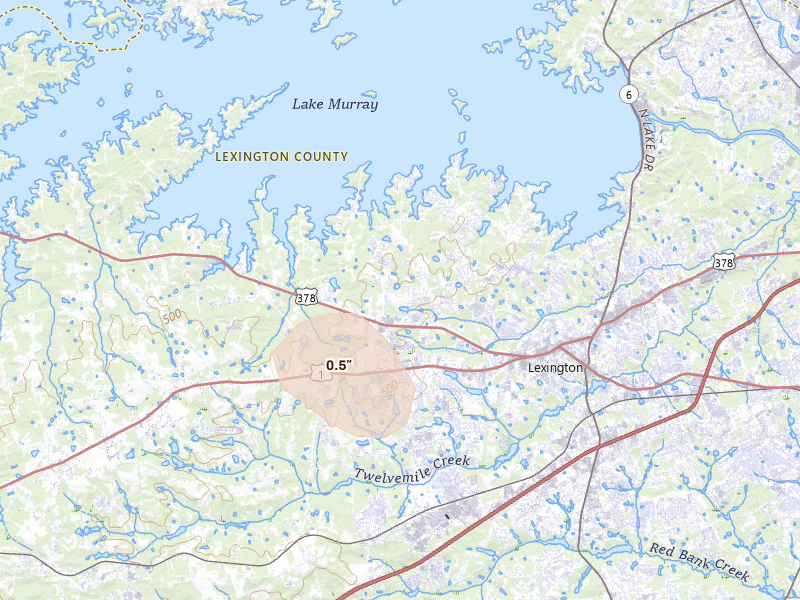 Radar-estimated hail-size map of the storm over Lexington, SC on Aug 21, 2026