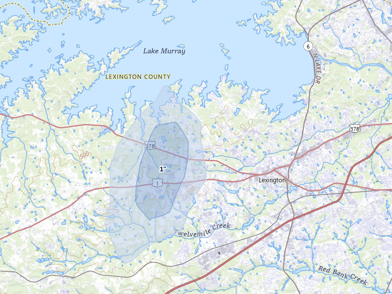 NEXRAD radar-signature map of the hail storm over Lexington, SC on Aug 21, 2026