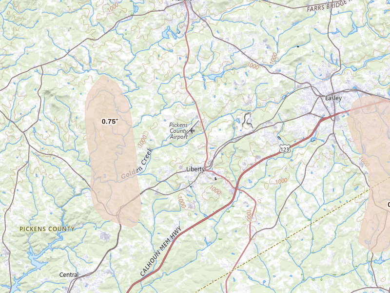Radar-estimated hail-size map of the storm over Liberty, SC on Jun 29, 2026