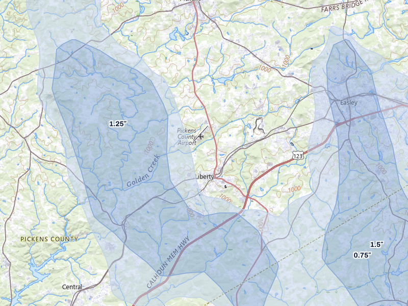 NEXRAD radar-signature map of the hail over Liberty, SC