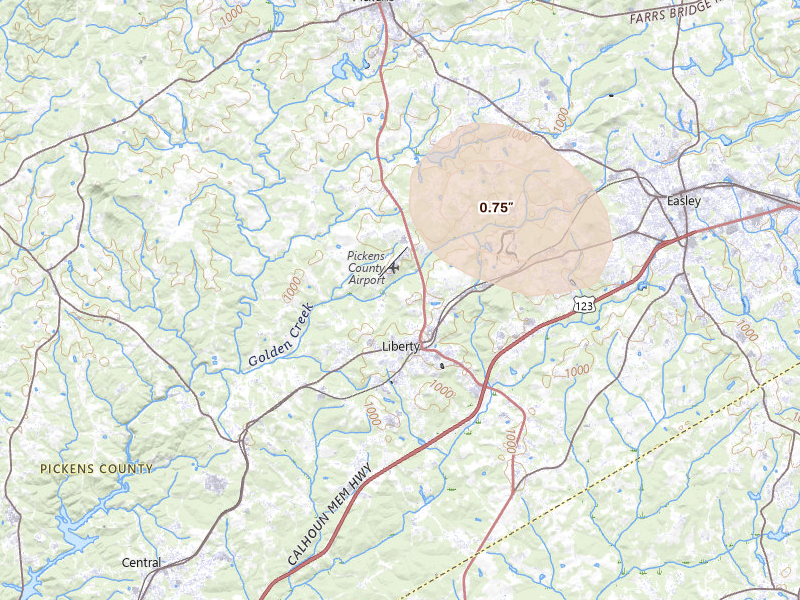 Radar-estimated hail-size map of the storm over Liberty, SC on Jul 2, 2026