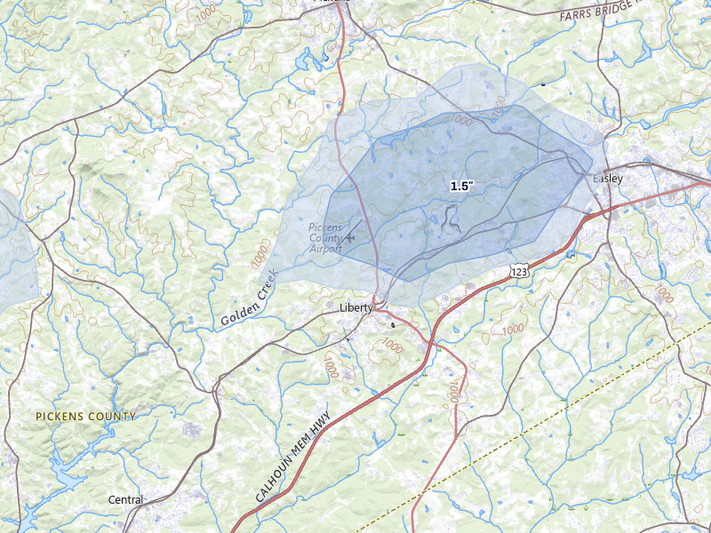 NEXRAD radar-signature map of the hail over Liberty, SC