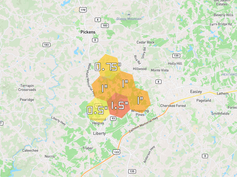Hail map of Liberty, SC on Jul 2, 2026, hail up to 1.5"
