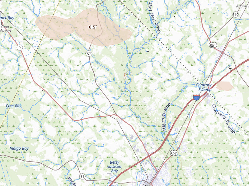 Radar-estimated hail-size map of the storm over Little Rock, SC on Jun 28, 2026
