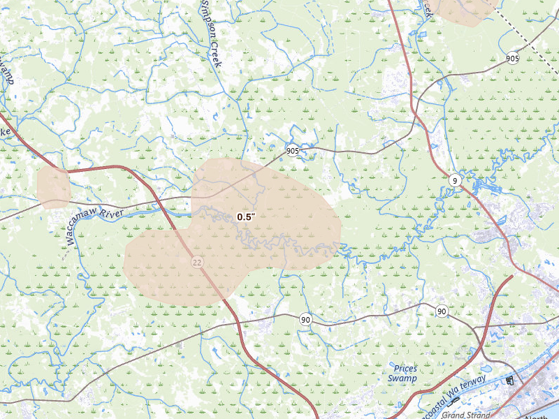 Radar-estimated hail-size map of the storm over Longs, SC