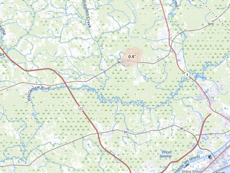 Radar-estimated hail-size map of the storm over Longs, SC on Jun 14, 2026