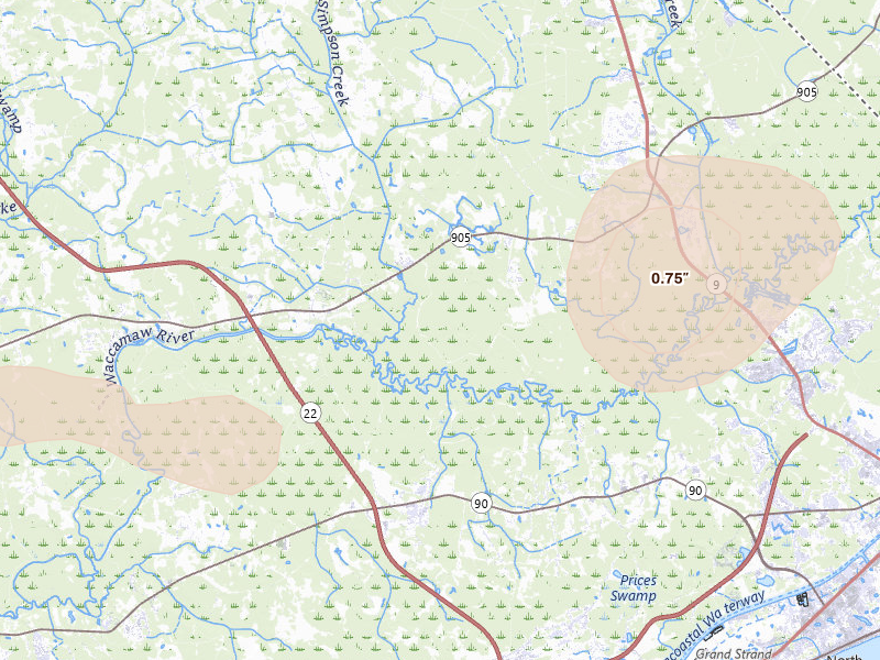 Radar-estimated hail-size map of the storm over Longs, SC on Jul 6, 2026