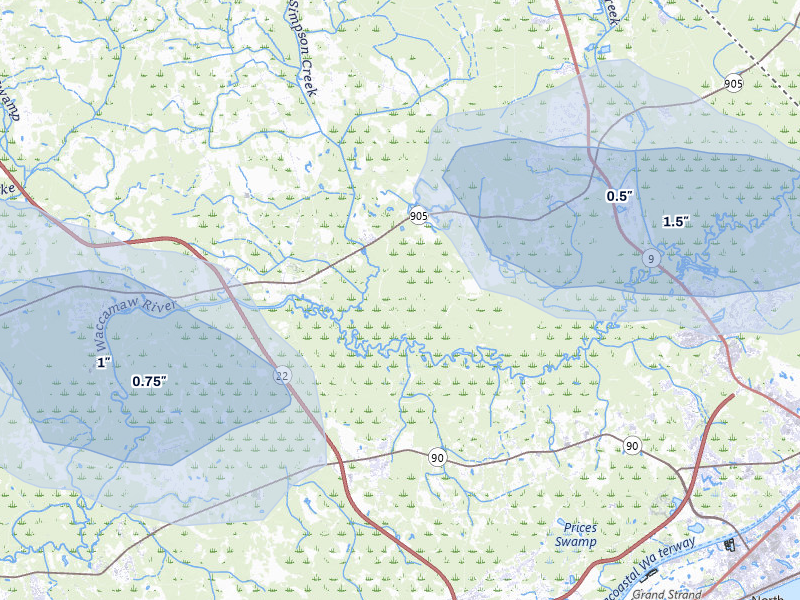 NEXRAD radar-signature map of the hail storm over Longs, SC on Jul 6, 2026