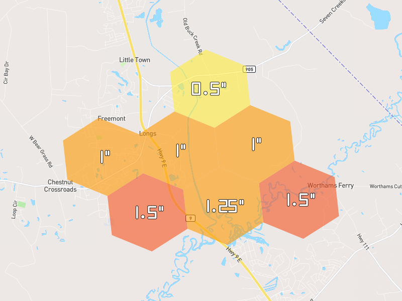 Hail map of Longs, SC on Jul 6, 2026, hail up to 1.5"