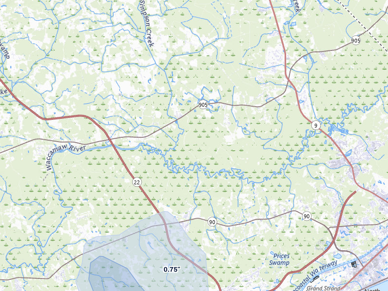 NEXRAD radar-signature map of the hail storm over Longs, SC on Jul 7, 2026