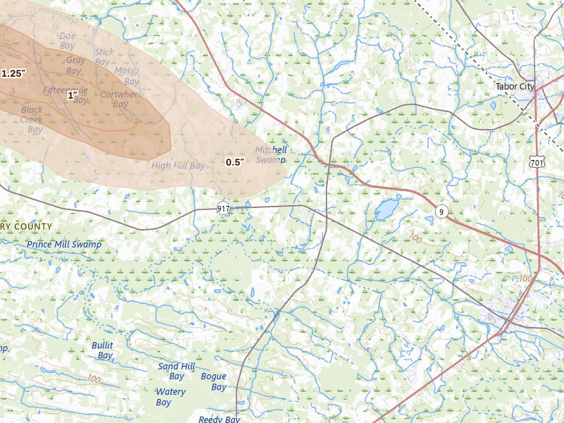Radar-estimated hail-size map of the storm over Loris, SC on May 11, 2026