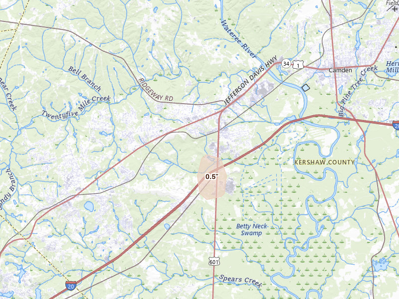 Radar-estimated hail-size map of the storm over Lugoff, SC