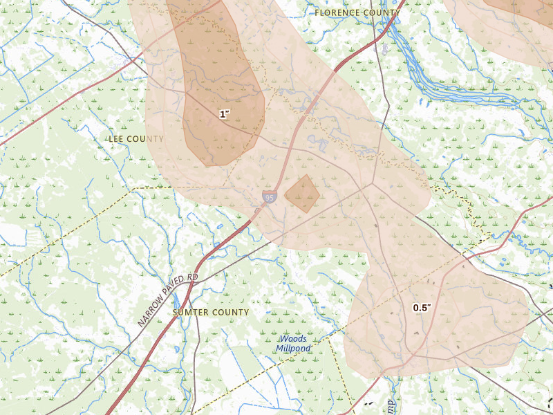 Radar-estimated hail-size map of the storm over Lynchburg, SC on Aug 21, 2026