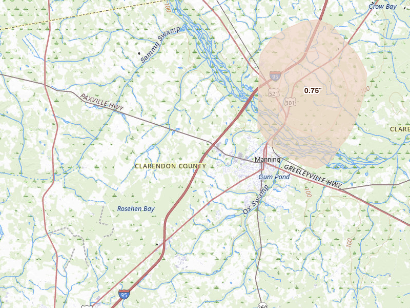 Radar-estimated hail-size map of the storm over Manning, SC on Jul 5, 2026