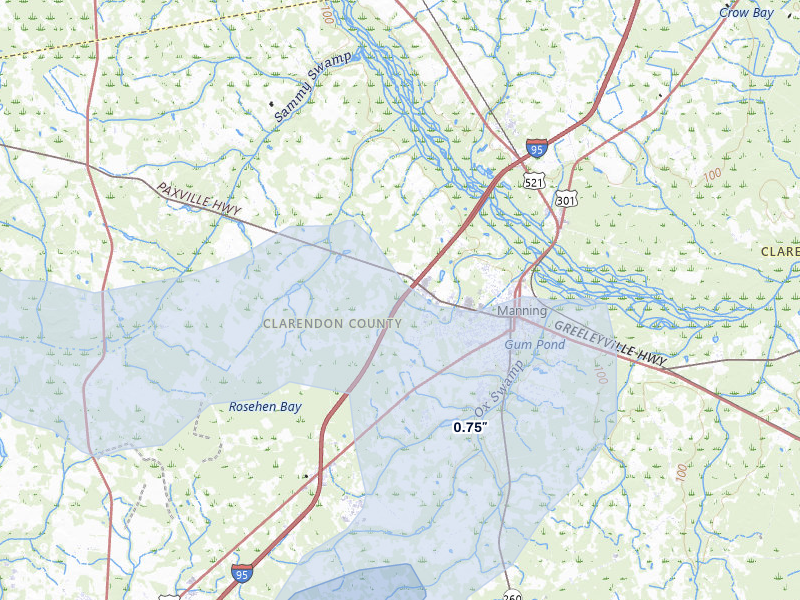 NEXRAD radar-signature map of the hail storm over Manning, SC on Jul 11, 2026