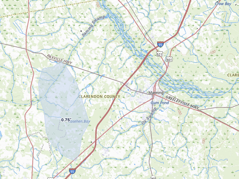 NEXRAD radar-signature map of the hail over Manning, SC