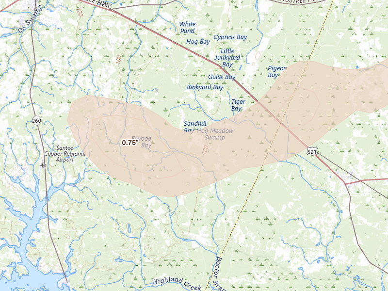 Radar-estimated hail-size map of the storm over Manning, SC on Aug 21, 2026