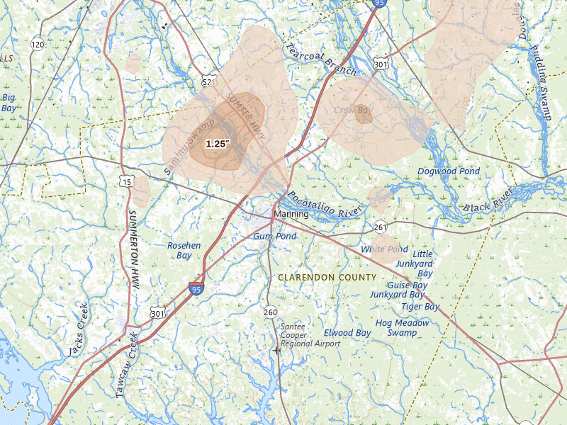 Radar-estimated hail-size map of the storm over Manning, SC on Sep 5, 2026