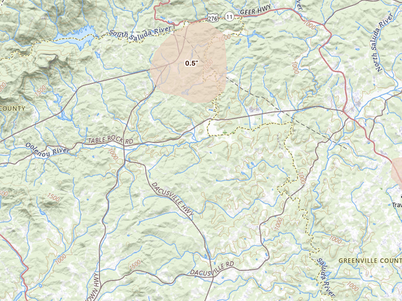 Radar-estimated hail-size map of the storm over Marietta, SC on Aug 10, 2026