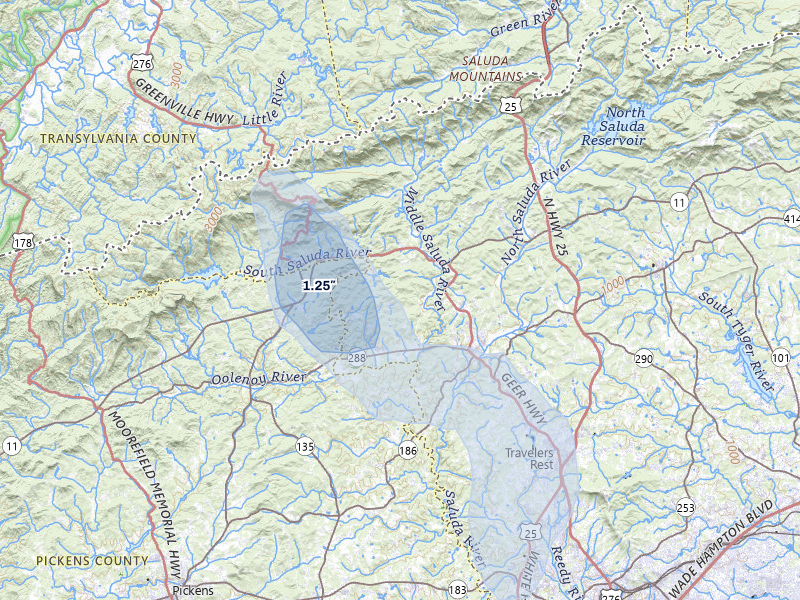 NEXRAD radar-signature map of the hail storm over Marietta, SC on Aug 10, 2026