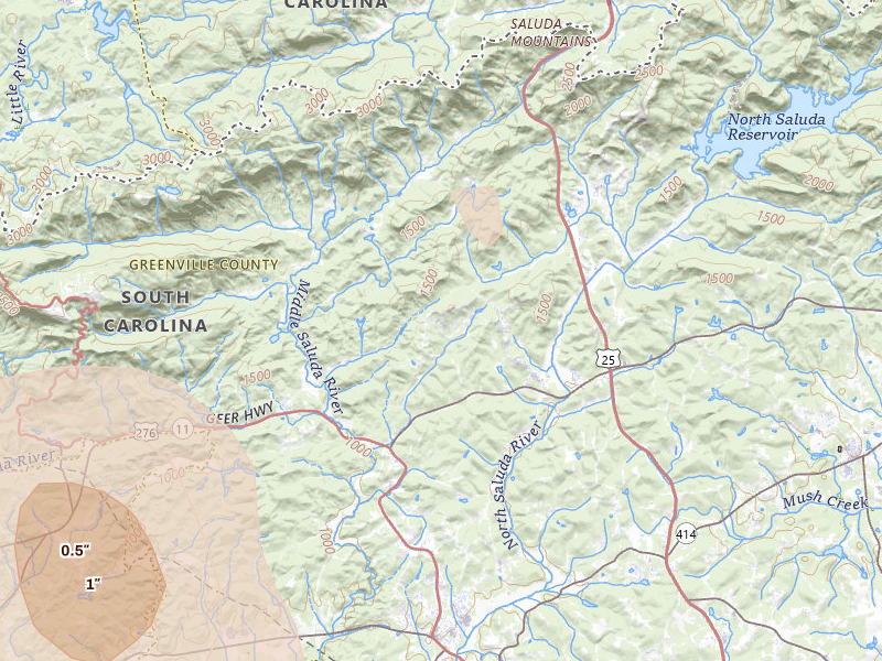 Radar-estimated hail-size map of the storm over Marietta, SC on Aug 11, 2026